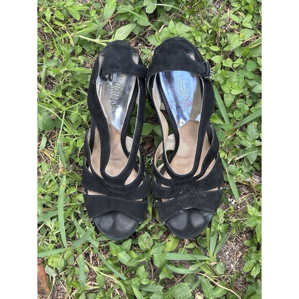 Michael Michael Kors Black Suede Slingback Peep Toe Heels Sandals 7.5 Worn